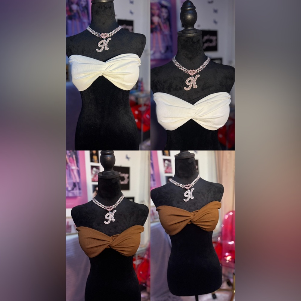 BRAND NEW! 2PAIR White and Brown Strapless Bandeau Tops, size Large🤎 so cute!!